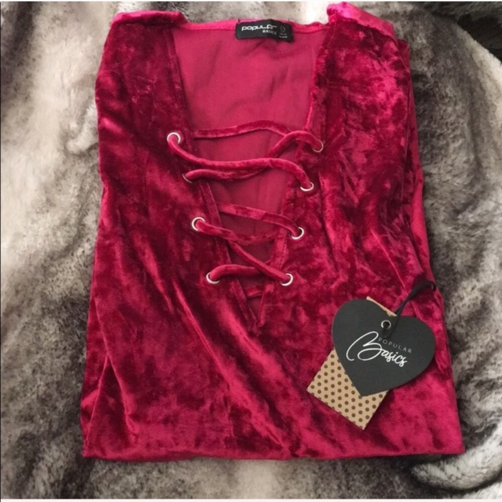 NWT! Crushed Red Velvet Lace-Up Front Mini Dress - Picture 3 of 8